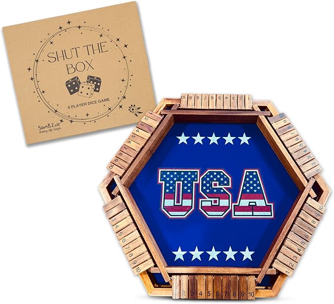 Sam & Evie Shut The Box Game for 1–6 Players | USA Design - Close The Box Game Wooden with 16 Colorful Dices | Easy to Play Classic Board Games for Adults, Families and Kids