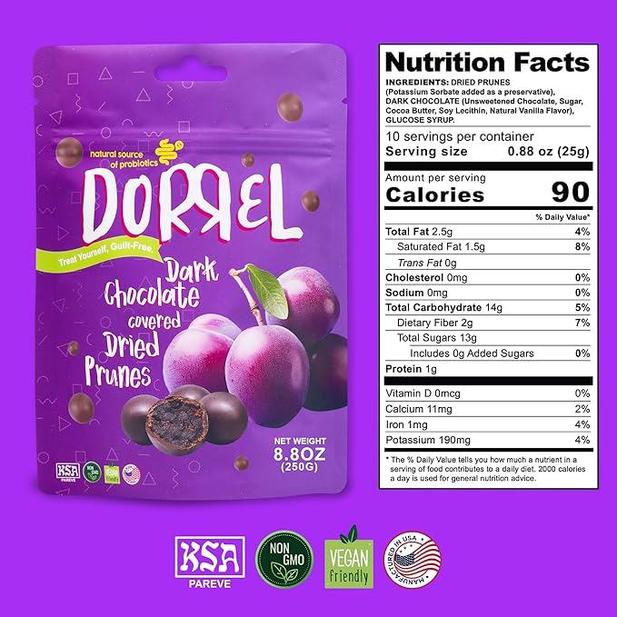 Dorrel Dark Chocolate Covered Dried Prunes - Nutritious and Sweet Snacks - Organic, Vegan - Natural Probiotic - Non-GMO - Kosher Pareve - Healthy, Dried Date Fruit Snack [8.8 Ounce] [1-Pack]