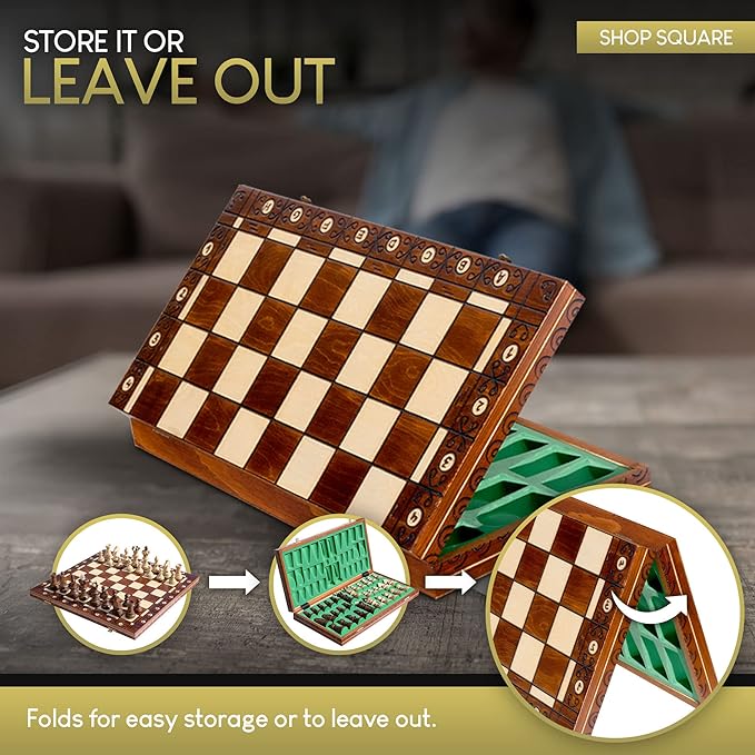 Wegiel Handmade European Ambassador Chess Set - Wooden 21 Inch Beech & Birch Board with Felt Base - Carved Hornbeam & Sycamore Wood Chess Pieces