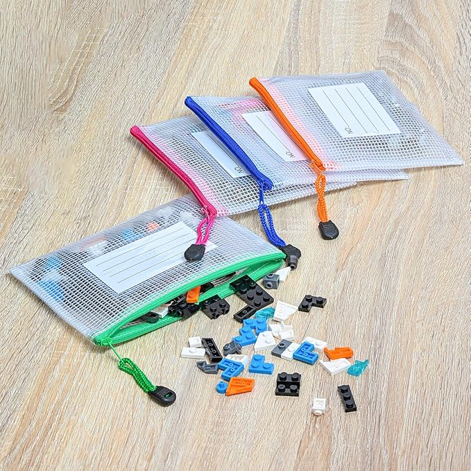 AUSTARK Plastic Mesh Zipper Pouch, 12Pcs Zipper File Bags with Label Pocket, Game Boards Storage Bags, Waterproof Document Storage Bags for Office Home Travel Cosmetic (A6 Size 6.3x4.7 in)