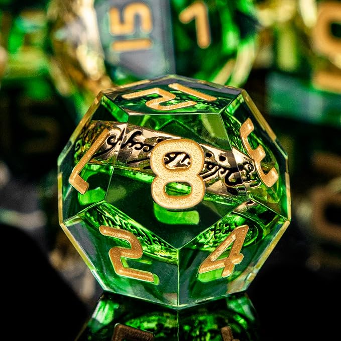 Magic Golden Ring DND Dice with Box, Green Sharp Edge Handmade D and D Polyhedral Dice for use with D&D Tabletop Games RPG, Lord Resin Dice D20 D12 D10 D8 D6 D4