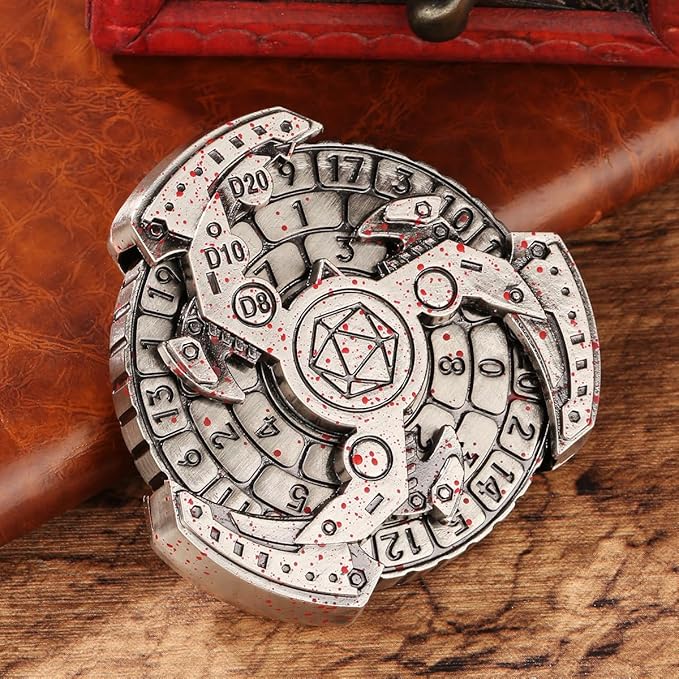 Spinner DND Dice Set, 7-in-1 Fingertip Gyro Metallic D&D Dice, Roulette Dice Spinner for DND Dice Set, D&D Gifts with Gift Box, Role Playing Game Board Game Accessories, Silver with Red Dots