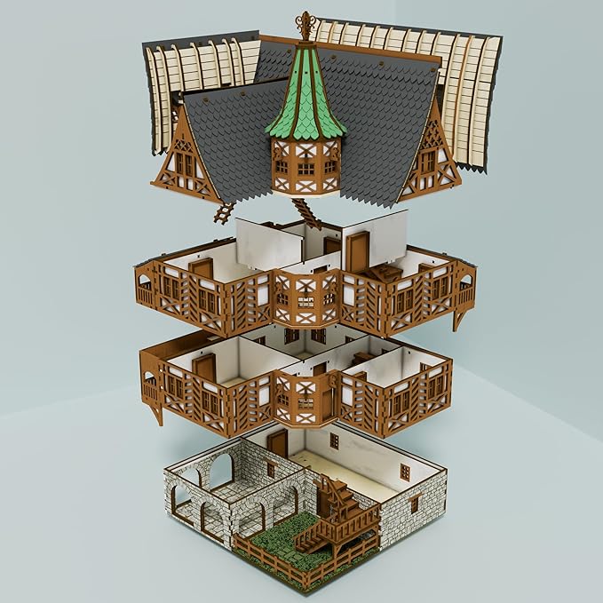 The Tavern - Medieval House (Crooked Elbow) DIY Wooden House Building Kit -715PCS; 12hrs Assembly time; Age Group 18+ - Realistic