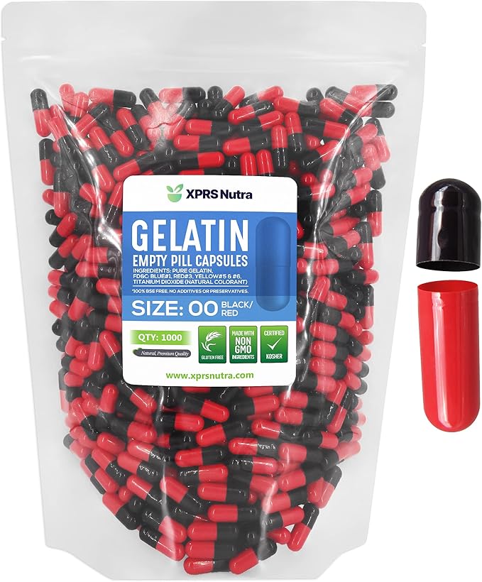 XPRS Nutra Size 00 Empty Capsules - 1000 Count Empty Gelatin Capsules - Pills DIY Capsule Filling - Fillable Pill Gel Caps for Do-It-Yourself Supplements (Black/Red)