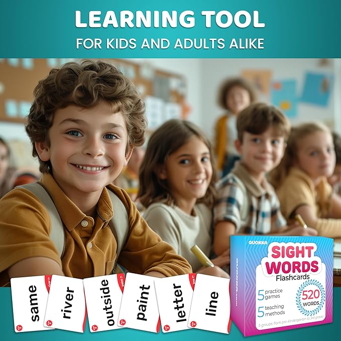 QUOKKA 520 Sight Words Flash Cards for Kids Adults – Based on Dolch & Fry High Frequency Word Lists – Pre-K to 3rd Grade – 5 Levels Color-Coded Bold Font Large Size