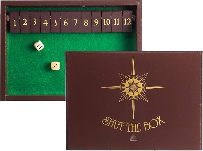 STERLING Games Wooden Shut The Box Game 12 Numbers with Home Decor Design Lid Cover and Felted Rolling Surface, Brown