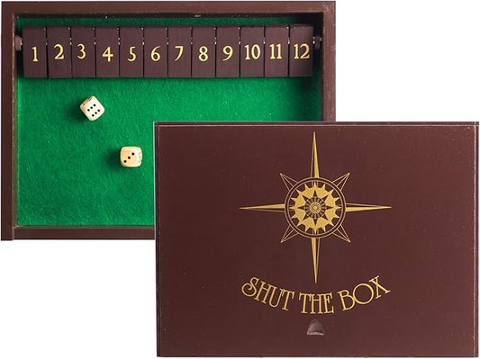 STERLING Games Wooden Shut The Box Game 12 Numbers with Home Decor Design Lid Cover and Felted Rolling Surface, Brown