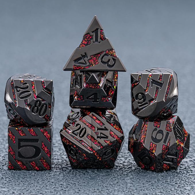 Metal Dice Set DND,Metallic Glitter Stripes D&D Dice Set,7 PCS Polyhedral Dice Set with Gift Case for Dungeons and Dragons Tabletop Game(Black Nickel Red)