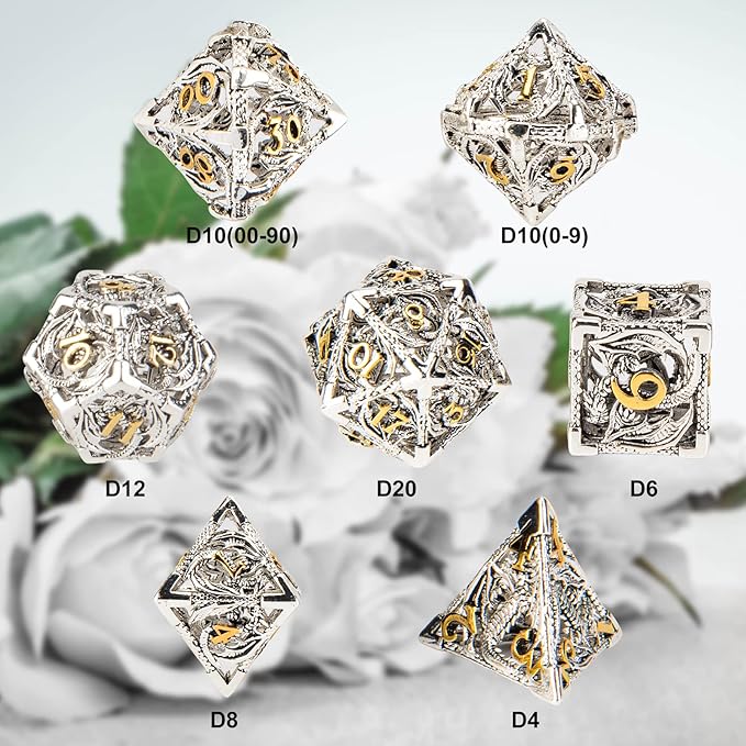 DND Dice,Hollow D&D Metal Dice,Dungeons and Dragons Dice Set with Gift Box,7 PCs Steampunk Polyhedral Dice Games Set for RPG,MTG,Pathfinder,(Dragon Silver Golden)