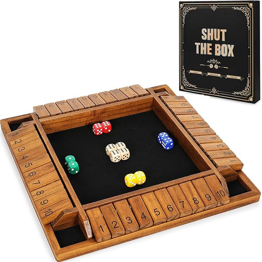 Vamslove 12 inches Shut The Box Dice Game Wooden Board Table Math Game with 8+4 Dice for 2-4 Player, 4 Sided 10 Numbers Close The Box for Kids Adults(Instructions Included)