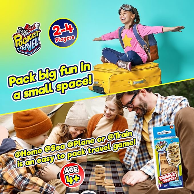 JA-RU Real Wood Mini Tumble Tower Classic Game (12 Sets) Travel Size 4 Inch. Tumbling Tower Stacking Blocks Toy Party Favors Board Games. 3276-12p