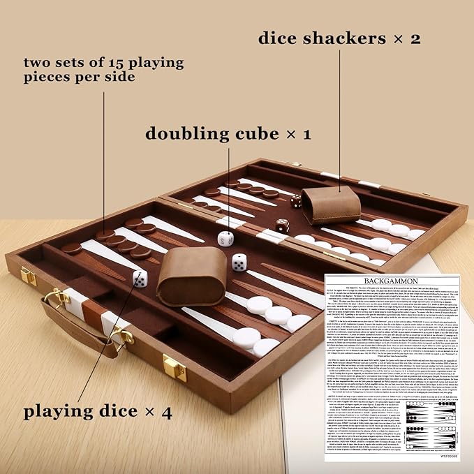 Backgammon Set - Classic Board Game with Premium Leather Case - Portable Travel Strategy Backgammon Game Set for Adults, Kids (15inch, Khaki)