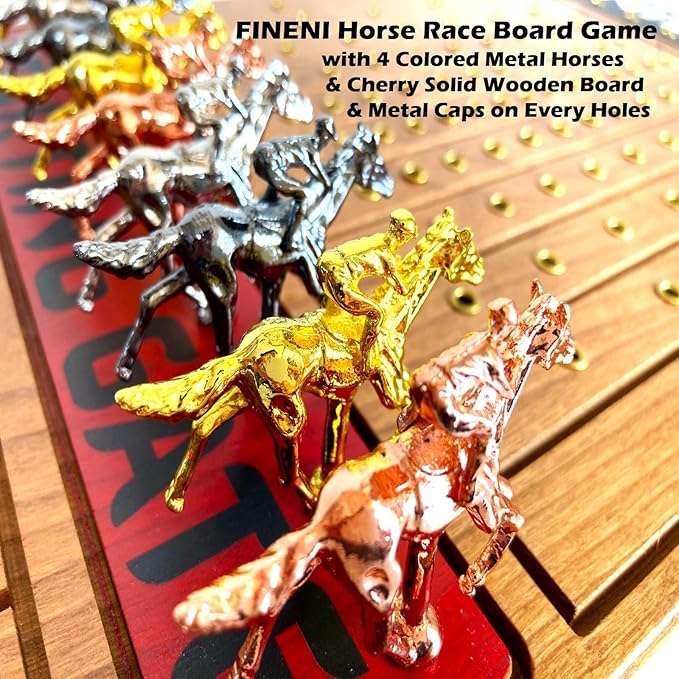 Horse Racing Game for Adults, Horse Race Board Game with 11 Luxurious Metal Horses (Gold, Silver, Black, Rose Gold), 22” Cherry Wood Horse Race Game Board, Dice & RoseGoldCard Included (Cherry)