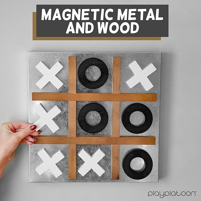 Play Platoon Metal & Wood Magnetic Tic Tac Toe Wall Mounted Games - 13.5 Inch Table Top Playroom Decor or Wall Mounted Room Decor - Rustic Board Game, Room Accessories