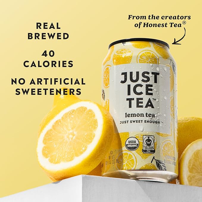 Just Ice Tea, Lemon Flavored Black Iced Tea, 12-Pack (12oz Cans), USDA Certified Organic, Real Brewed, Low Calorie, No Artificial Sweeteners, Fair Trade, Made in USA.