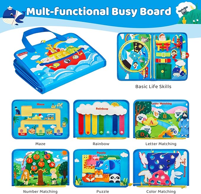 Busy Board Montessori Toys for 3 4 Year Old Boys & Girls Birthday Gifts, Educational Activity Sensory Board Preschool Learning Toys for Toddlers, Travel Toys for Airplane (Noah's Ark)