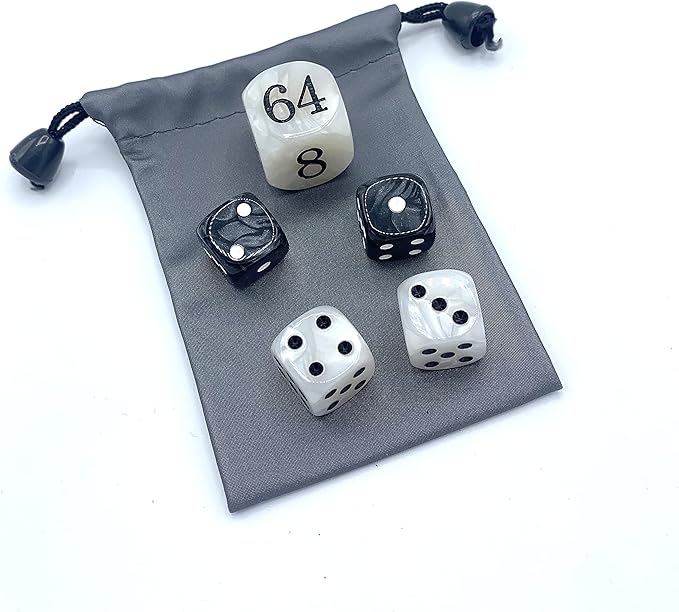 Luck Lab Backgammon Pearl Dice Set - 22 mm Doubling Cube and Four 16 mm Dice with Bonus Storage Bag, Black/White Marbleized