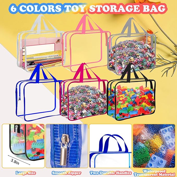 AOBOPLE 6 Pack Toy Storage Bags with Zipper, Reusable Clear Toy Organizer Bags with Labels PVC Board Game Storage for Travel Organizer Building Blocks, Puzzle,6 Colors (11.8x8.7x3.9in)