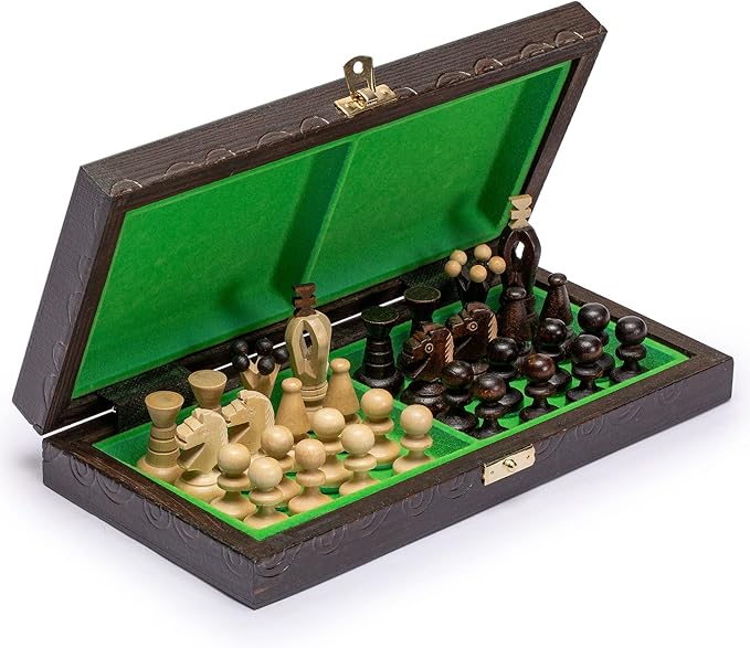 Husaria European International Chess Wooden Game Set, King's Continental - 11.3-Inch Small Size Chess Set with Folding Board and Felt Bottom Chessmen