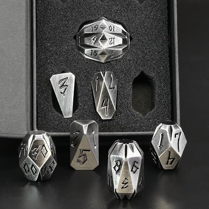 Metal Dice Set for DND, ZHOORQI 7 Pcs Polyhedral Dice, Perfect for Dungeons and Dragons, RPG Role Playing Games - Unique Cool Dice with Stonehenge Themed Design for Games Gifts（JS-Silver）