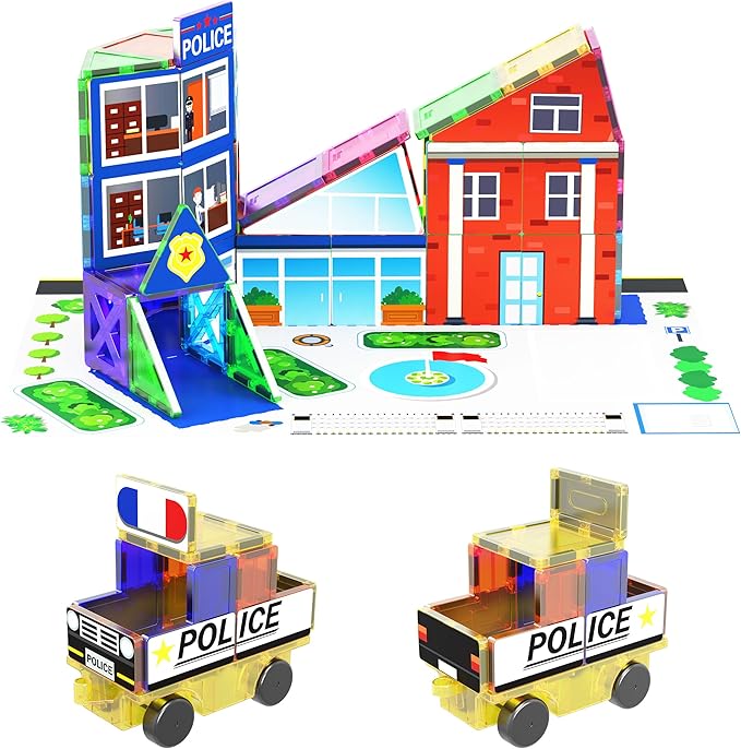 PicassoTiles 3-in-1 Theme Set School Hospital Police Station Magnet Self Adhesive Backing Stick-On Sheet Combo w/Car Magnet Building Block Playset STEM Learning Construction Brain Development Kit