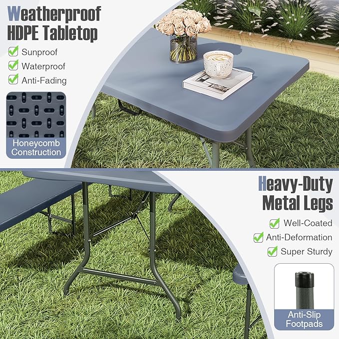 Goplus 8ft Plastic Folding Table, 350 LBS Outdoor Heavy Duty Folding Tables with HDPE Tabletop, Handle, Lock, Foldable Rectangle Portable Utility Card Table for Picnic, Party, Camping, Dining