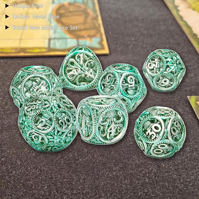 DND Dice,Hollow D&D Metal Dice,Unique Round Ball Design Octopus Dice with Gift Box for Dungeons & Dragon Gaming,7 PCs Steampunk Polyhedral D and D Dic(Octopus Green)