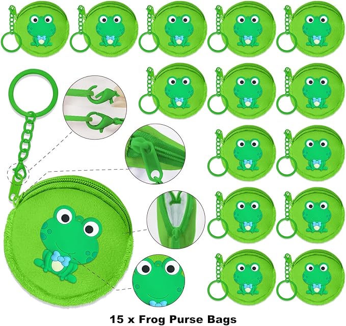 15 Pack Frog Mini Coin Purses with Keyring for Green Frog Lover,Baby Shower,First Birthday Reptile Camping Decoration,Green