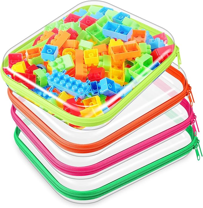 Hoolerry 4 Pcs Hard Clear Zipper Case Transparent Cases for Snacks Makeup Bag Plastic Storage Box Containers for Building Blocks, Puzzles, Cosmetics (Fluorescent,9.8 x 7.9 x 2 in)