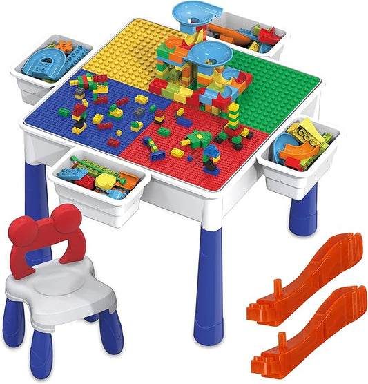 PicassoTiles Kids Multi Activity Table, Storage Bin & Chair Set Combo, 581 PCs Building Block with Marble Run Play Table Compatible with Building Bricks Blocks STEM Toy for Boys & Girls Ages 3+