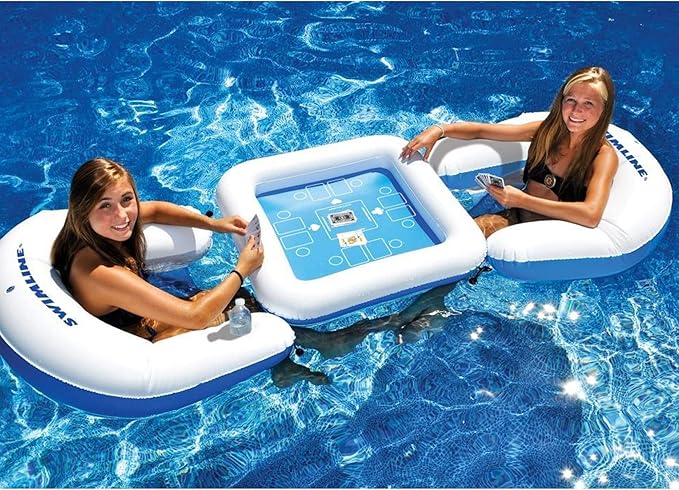 SWIMLINE ORIGINAL Inflatable Game Table Station With Waterproof Playing Cards & Two Inflatable Sling Chairs W/ CupHolders | Double Sided Game Set | Poker & Card Games | Chess & Checkers
