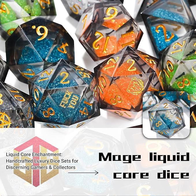 DND Dice Set - Handcrafted Liquid Core Sharp Edge 7-Die Resin Dice with Colorful Quicksand Effect，for DND, RPG, MTG, Tabletop Games（Rebel ESSENC）