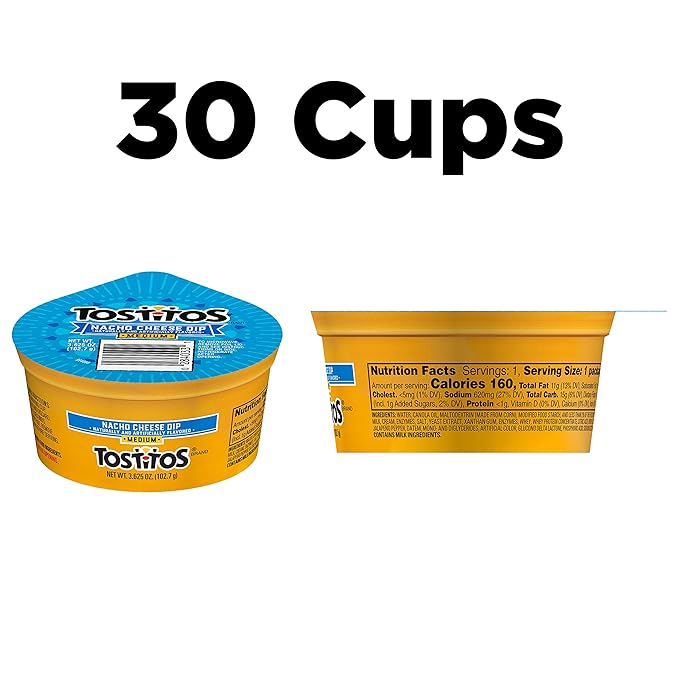 Tostitos Dips, Queso To Go Nacho Cheese Dip, Medium, 3.625 oz Cups (30 Pack)