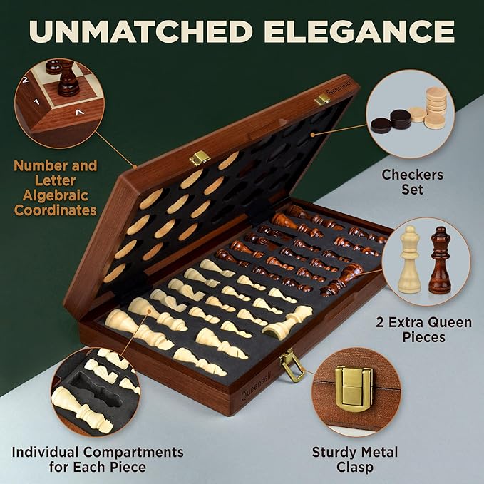 2 in 1 Magnetic Chess Set & Checkers Board Game for Adults and Kids - 15" Chess Tournament Chessboard with Magnetic Pieces - Free E-Book with Chess Puzzles