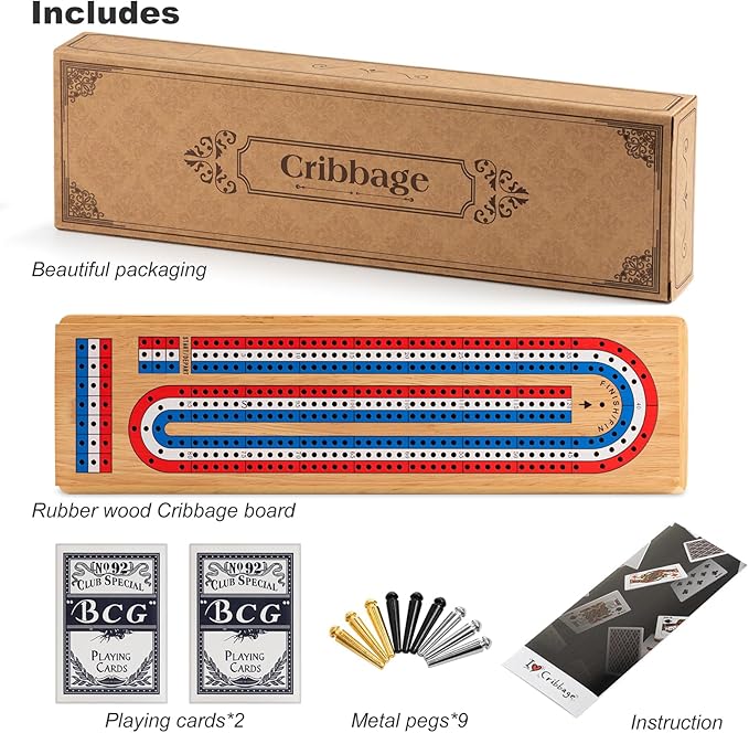 Cribbage Board Game Set with Large Storage Area, Solid Wood 3 Track Cribbage Board, 9 Metal Pegs, 2 Playing Cards and Instruction. Portable Travel Board Game for All Ages.