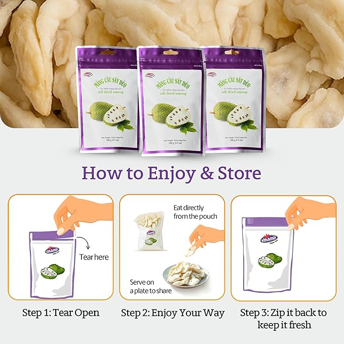 Vinamit Soft Dried Soursop | Soft Dried Fruit, 3.5 oz | Natural Tropical Fruit Snack | Vegan, Gluten-Free, Non-GMO | High in Fiber, Ideal for Travel & Clean Eating