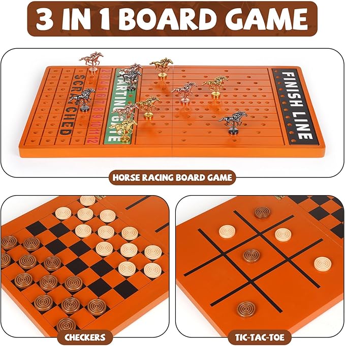 3-in-1 Horse Race Board Game &Checkers & Tic-Tac-Toe ，3 in1 Wooden Board Game Set for Kids & Adults Travel Family Foldable Horse Racing Board Game with 11 Metal Horses Interactive Strategy Game