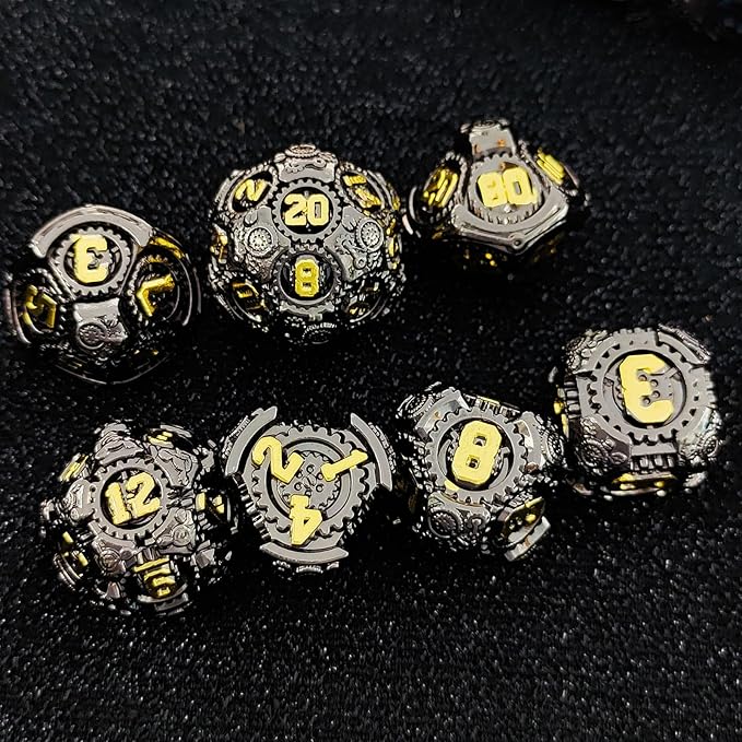 Geakeeper Construct D&D Dice, Metal DND Dice Set, 7Pcs Polyhedral Dragon Metallic D&D Dice with Gift Case for Dungeons and Dragon Game, RPG Role Playing Table Game Gifts (Black Gold)