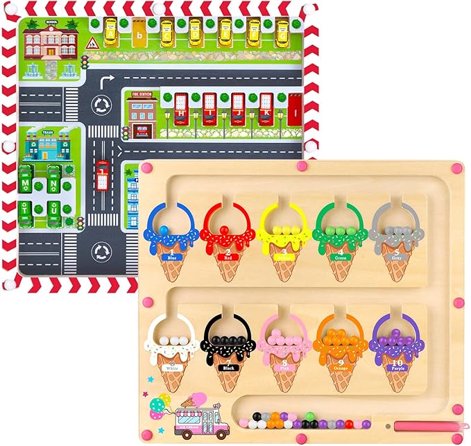 2 in 1 Magnetic Color and Number Maze,Montessori Toy for 3-6 Years Old,Wooden Magnet Balls Puzzles,Toddler Busy Board Game,Preschool Learning Activities,Christmas & Birthday Gift for Kids