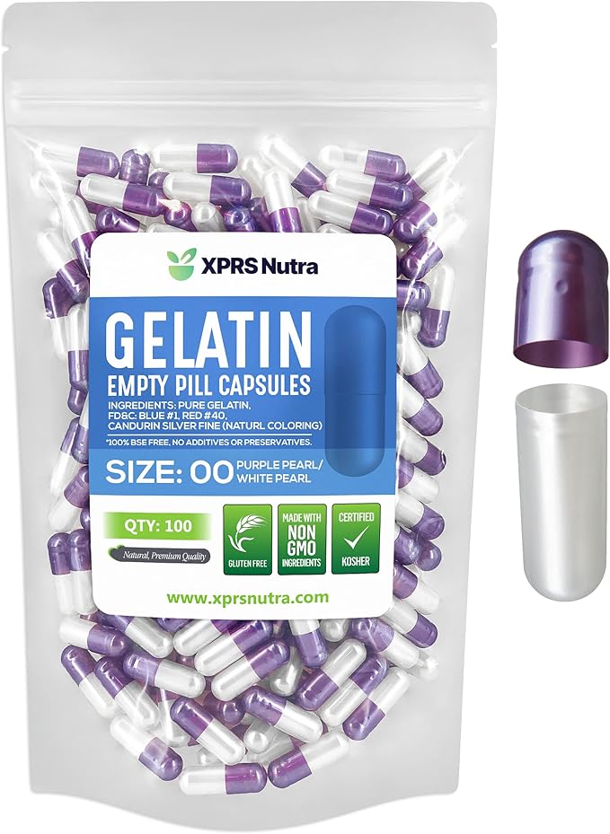 XPRS Nutra Size 00 Empty Capsules - 100 Count Empty Gelatin Capsules - Pills DIY Capsule Filling - Fillable Pill Gel Caps for DIY Supplements (Pearl Purple/White)