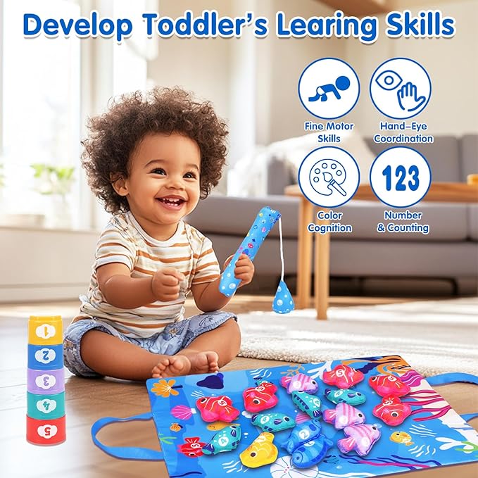 Montessori Toys for 1 Year Old - Cloth Fishing Game Baby Toys 6-12 12-18 Months with Stacking Cups - Sorting Learning Toddler Toy Age 1-2 - Babies First Birthday Gifts for 1 2 3 Year Boy Girl