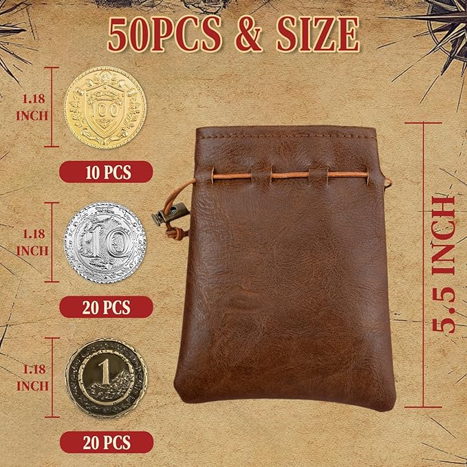 Byhoo 50 PCS Metal DND Coins, 1.2" Gold Silver Copper Tokens with Face Value for Board Game and Tabletop RPG, Fantasy Metal Coins for Pirate Game Party Cosplay