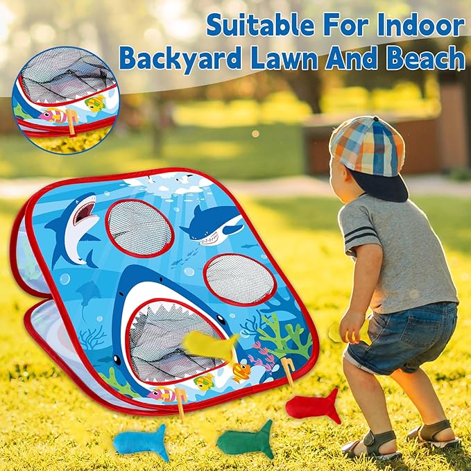 31PCS 4 in 1 Shark Bean Bag Toss Game for Kid Outdoor Ocean Toss Game with Shark Dorsal fin Foldable Cornhole for Party Supplies Board Toy for Toddler Tic Tac Toe Target Christmas