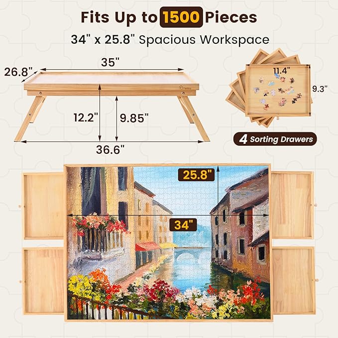 1500 Pieces Wooden Jigsaw Puzzle Board with Foldable Legs, 35"x26.8" Table with 4 Drawers and Protective Cover, Large Wood Folding Jigsaw Puzzle Table for Adults and Teens, Nature
