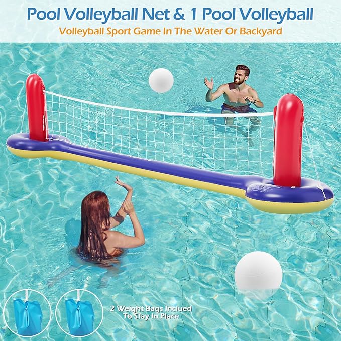 Jasonwell Pool Toys Games Set - 3 in 1 Pool Volleyball Net Basketball Hoop Ring Toss Game Inflatable Floats Water Floating Volleyball Swimming Pools Party Game Accessories Toy Gift Kids Teens Adults