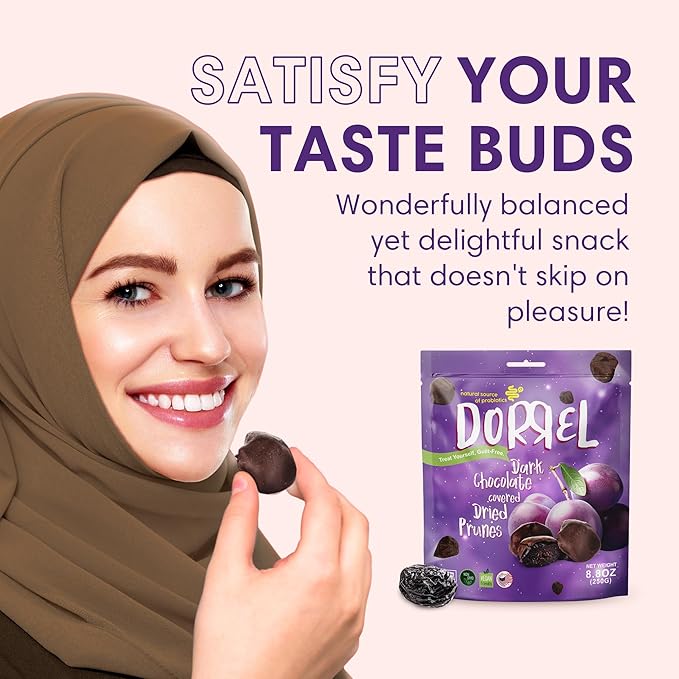 DORREL - Belgian Dark Chocolate Covered Dried Prunes, High Energy Vegan Choco Snack, Delicious, Kosher & Non-GMO, Pack of 3 Dark Chocolate Fruit Bites, 8.8 oz / 250 g Ea