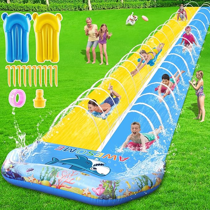 VEEST 33 FT Extra Long Water Slides for Kids Adults, Giant Double Lawn Water Slip Heavy Duty with 2 Bodyboards, Summer Water Slides with Crash Pad for Backyard Outdoor