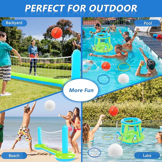 Jasonwell Pool Toys Games Set - 3 in 1 Pool Volleyball Net Basketball Hoop Ring Toss Game Inflatable Floats Water Floating Volleyball Swimming Pools Party Game Accessories Toy Gift Kids Teens Adults