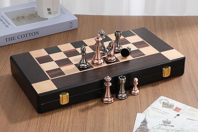 15-Inch Large Metal Chess Set for Adults and Kids with Metal Chess Pieces – Foldable Wooden Board with Storage, Portable Classic Game Set for Travel & Home, Elegant Gift for Chess Enthusiasts