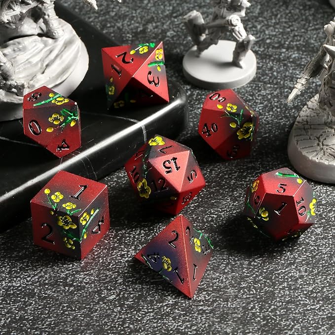 DNDND Metal Dice, 7 PCS Metallic Flowers D&D Dice with Gorgeous Gift Case for D&D Dungeons and Dragon Tabletop Game (Red and Yellow)